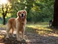 Golden retriever charakter: radosny pies w parku, z językiem na wierzchu, cieszący się słońcem.
