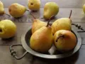 Gruszki na talerzu. Czy pies może jeść gruszkę? Tak, ale bez pestek i ogonka.