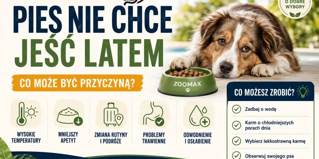 Pies nie chce jeść latem? Przyczyny: wysokie temperatury, mniejszy apetyt. Rozwiązania: zadbaj o wodę, karm o chłodniejszych porach dnia.