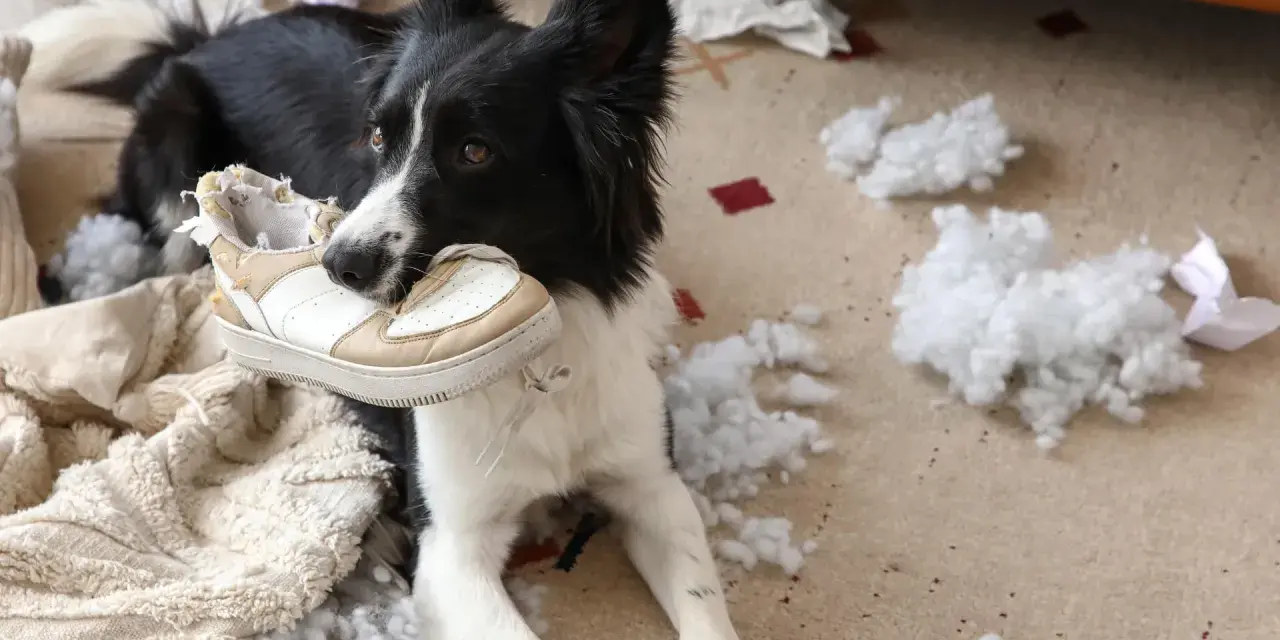 Pies rasy border collie z butem w pysku, otoczony kłębkami wypełnienia. Widać ślady agresji lękowej u psa, który zniszczył poduszkę.