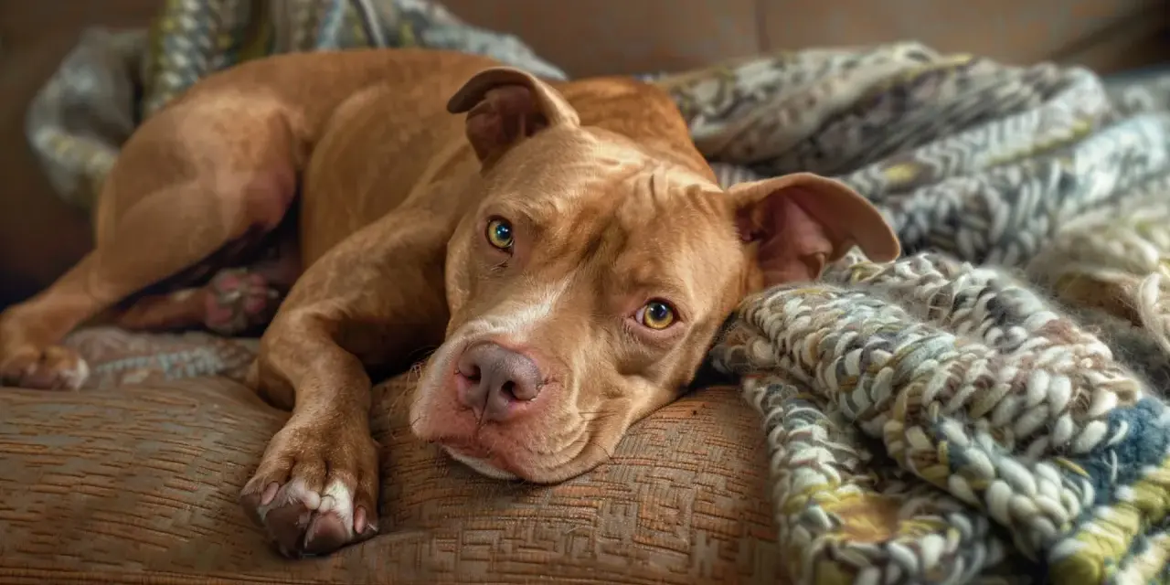 Słodki pitbull odpoczywa na kanapie. Czy pitbull jest groźny? Ten piesek wygląda na bardzo łagodnego i przyjaznego.