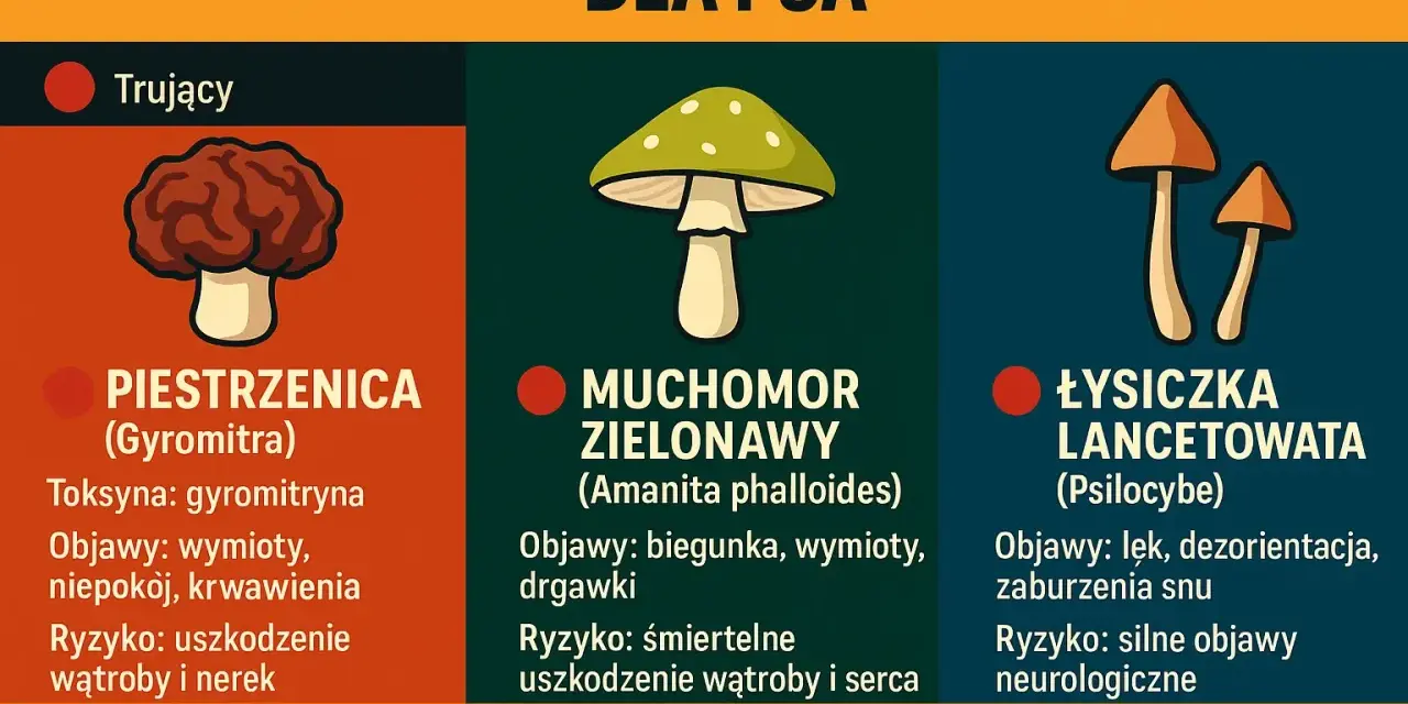 Czy pies może jeść grzyby? Nie! Trujące piestrzenice, muchomory zielonawe i łysiczki lancetowate są śmiertelnie niebezpieczne dla psów.