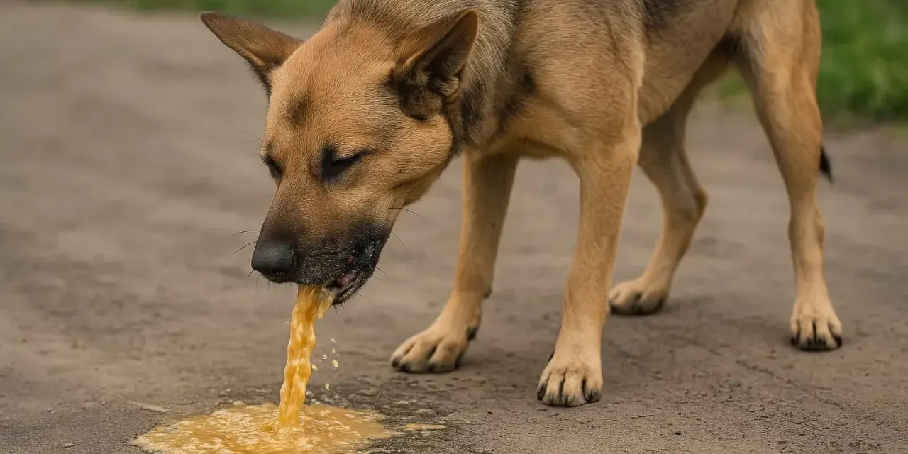 Pies z brązową sierścią wymiotuje żółtą substancję na ziemię.