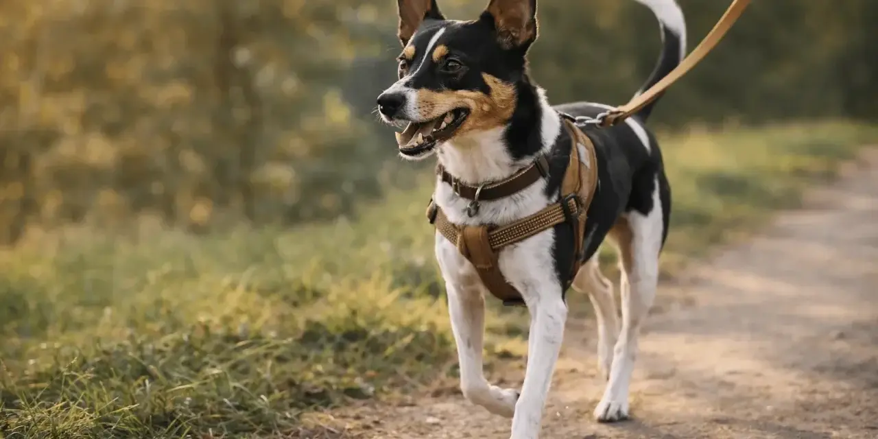 Radosny rat terrier na smyczy spaceruje po ścieżce wśród zieleni.