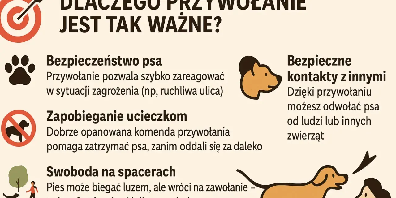 Jak nauczyć psa przywołania? Grafika wyjaśnia, dlaczego jest to kluczowe dla bezpieczeństwa, zapobiegania ucieczkom i swobody na spacerach.