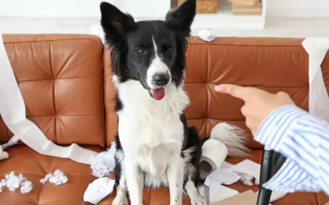 Pies siedzi na kanapie wśród papieru toaletowego. Właściciel wskazuje palcem, a pies wydaje się niewzruszony, mimo że jego głośne szczekanie mogło być przyczyną bałaganu.