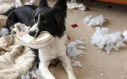 Pies rasy border collie z butem w pysku, otoczony kłębkami wypełnienia. Widać ślady agresji lękowej u psa, który zniszczył poduszkę.