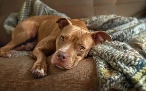 Słodki pitbull odpoczywa na kanapie. Czy pitbull jest groźny? Ten piesek wygląda na bardzo łagodnego i przyjaznego.