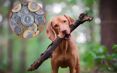Pies z patykiem w pysku i monety w tle. Czy wiesz, gdzie obowiązuje podatek od psa?
