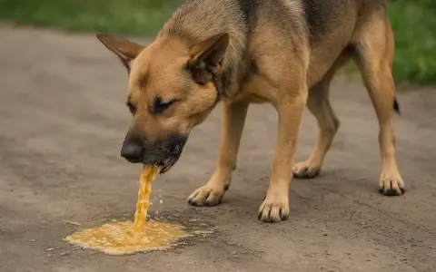 Pies z brązową sierścią wymiotuje żółtą substancję na ziemię.