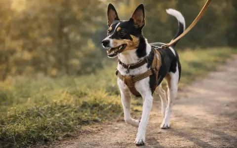 Radosny rat terrier na smyczy spaceruje po ścieżce wśród zieleni.