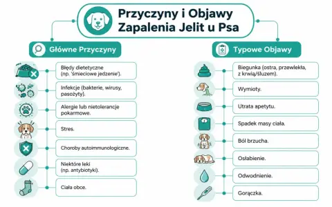 Schemat przedstawia przyczyny zapalenia jelit u psa: błędy dietetyczne, infekcje, alergie, stres, choroby autoimmunologiczne, leki, ciała obce. Objawy to biegunka, wymioty, utrata apetytu, spadek masy ciała, ból brzucha, osłabienie, odwodnienie, gorączka.