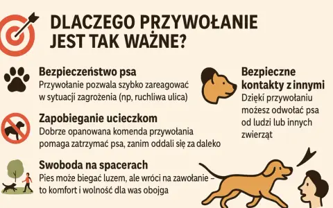 Jak nauczyć psa przywołania? Grafika wyjaśnia, dlaczego jest to kluczowe dla bezpieczeństwa, zapobiegania ucieczkom i swobody na spacerach.