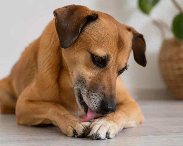 Brązowy piesek leży na podłodze i liże swoje łapy. Zastanawiasz się, dlaczego pies liże łapy? Może coś go swędzi lub po prostu dba o higienę.