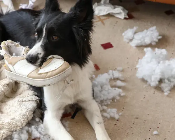 Pies rasy border collie z butem w pysku, otoczony kłębkami wypełnienia. Widać ślady agresji lękowej u psa, który zniszczył poduszkę.