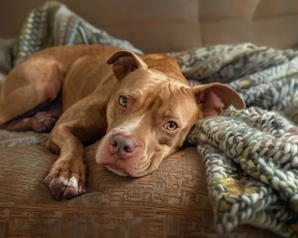 Słodki pitbull odpoczywa na kanapie. Czy pitbull jest groźny? Ten piesek wygląda na bardzo łagodnego i przyjaznego.