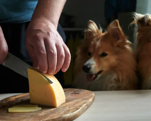 Ręce kroją ser żółty, a dwa psy z nadzieją patrzą, czy pies może jeść ser żółty.