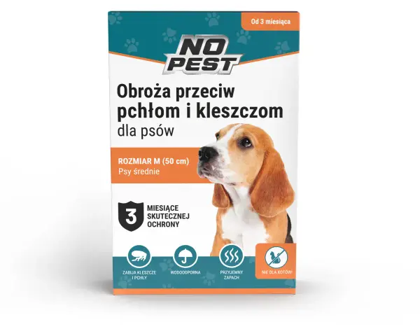 Obroża na kleszcze dla psów NO PEST, rozmiar M, zapewnia 3 miesiące ochrony. Wodoodporna, z przyjemnym zapachem. Nie dla kotów!