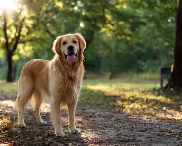 Golden retriever charakter: radosny pies w parku, z językiem na wierzchu, cieszący się słońcem.