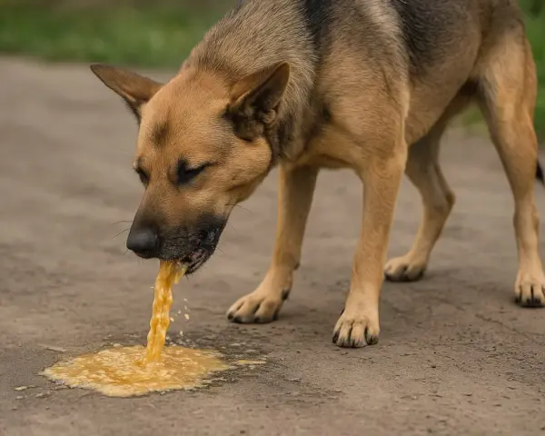 Pies z brązową sierścią wymiotuje żółtą substancję na ziemię.