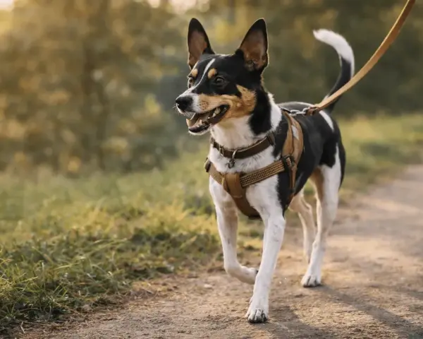 Radosny rat terrier na smyczy spaceruje po ścieżce wśród zieleni.