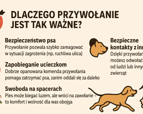 Jak nauczyć psa przywołania? Grafika wyjaśnia, dlaczego jest to kluczowe dla bezpieczeństwa, zapobiegania ucieczkom i swobody na spacerach.