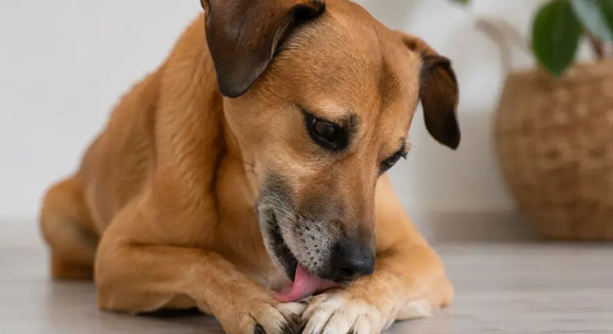 Brązowy piesek leży na podłodze i liże swoje łapy. Zastanawiasz się, dlaczego pies liże łapy? Może coś go swędzi lub po prostu dba o higienę.