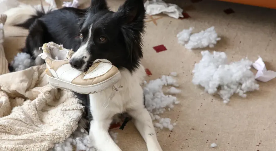 Pies rasy border collie z butem w pysku, otoczony kłębkami wypełnienia. Widać ślady agresji lękowej u psa, który zniszczył poduszkę.