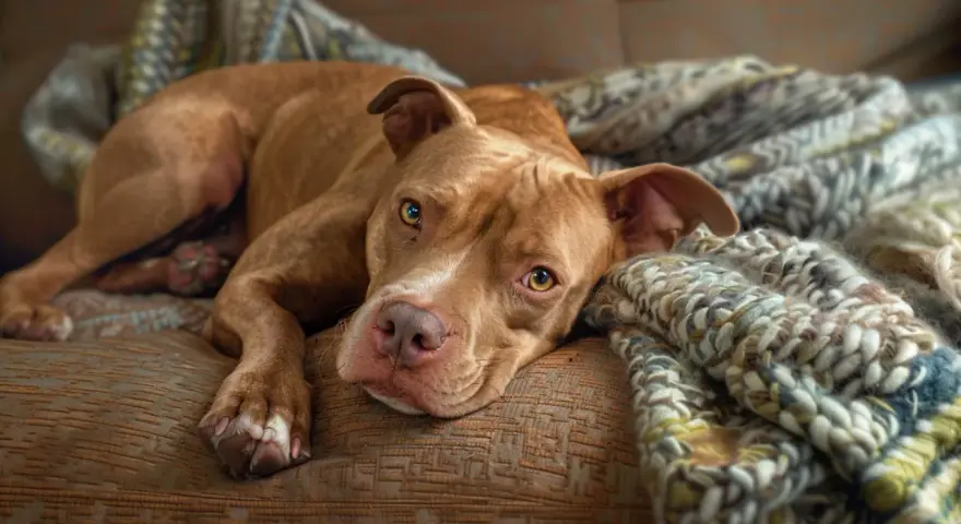 Słodki pitbull odpoczywa na kanapie. Czy pitbull jest groźny? Ten piesek wygląda na bardzo łagodnego i przyjaznego.