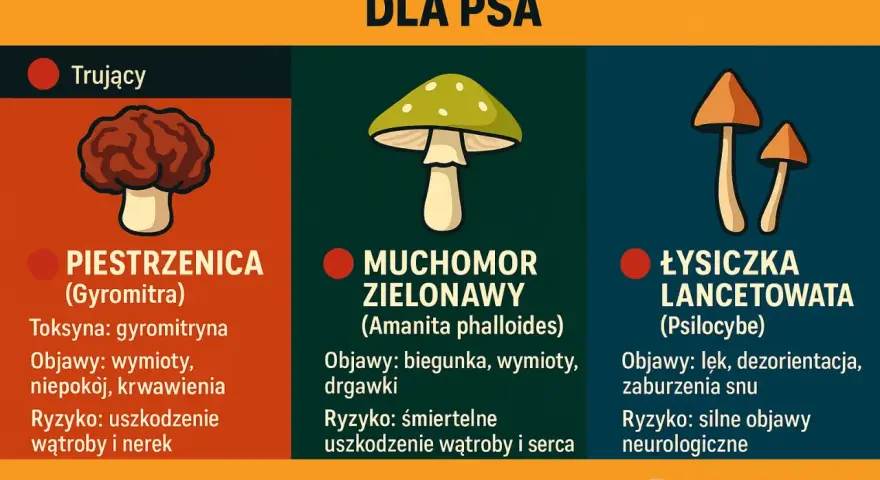 Czy pies może jeść grzyby? Nie! Trujące piestrzenice, muchomory zielonawe i łysiczki lancetowate są śmiertelnie niebezpieczne dla psów.