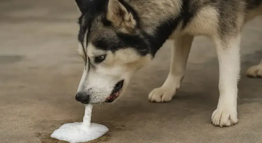 Husky pies wymiotuje wodą, tworząc pianę na ziemi.