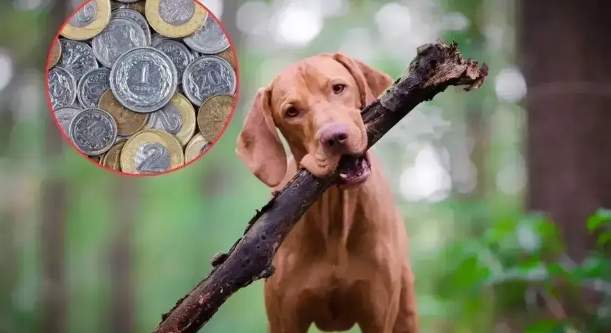 Pies z patykiem w pysku i monety w tle. Czy wiesz, gdzie obowiązuje podatek od psa?