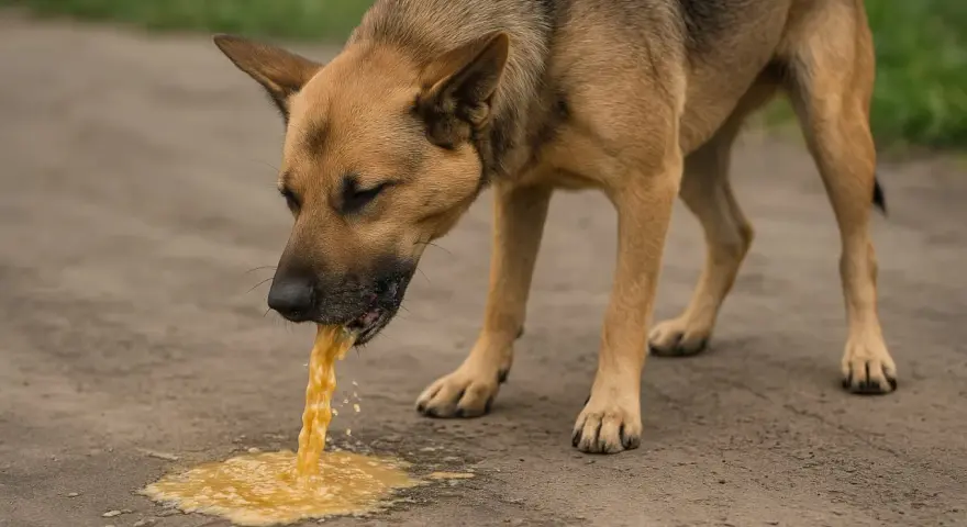 Pies z brązową sierścią wymiotuje żółtą substancję na ziemię.