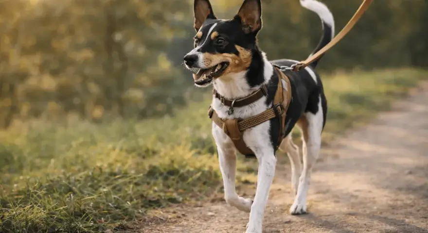 Radosny rat terrier na smyczy spaceruje po ścieżce wśród zieleni.
