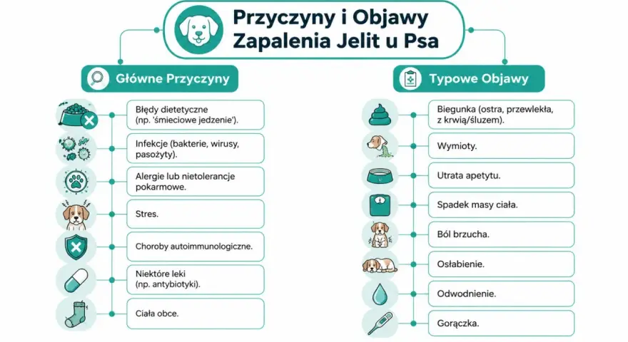Schemat przedstawia przyczyny zapalenia jelit u psa: błędy dietetyczne, infekcje, alergie, stres, choroby autoimmunologiczne, leki, ciała obce. Objawy to biegunka, wymioty, utrata apetytu, spadek masy ciała, ból brzucha, osłabienie, odwodnienie, gorączka.