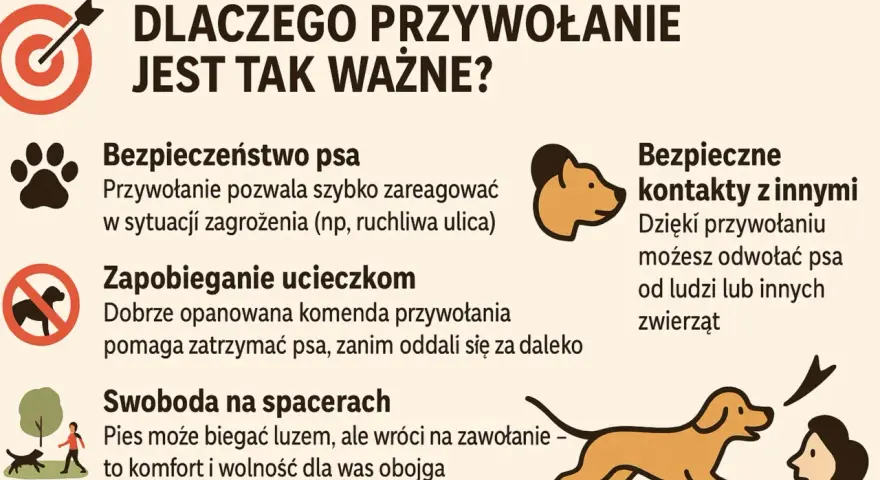Jak nauczyć psa przywołania? Grafika wyjaśnia, dlaczego jest to kluczowe dla bezpieczeństwa, zapobiegania ucieczkom i swobody na spacerach.