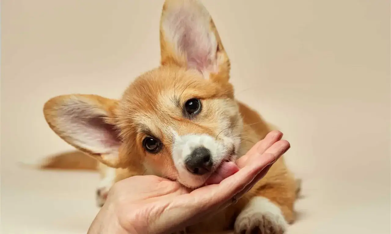 Uroczy szczeniak corgi, który z radością lize ręce.
