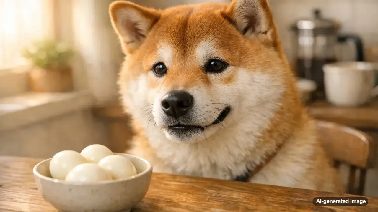 Shiba Inu patrzy na miseczkę z jajkami, zastanawiając się, czy pies może jeść jajko.