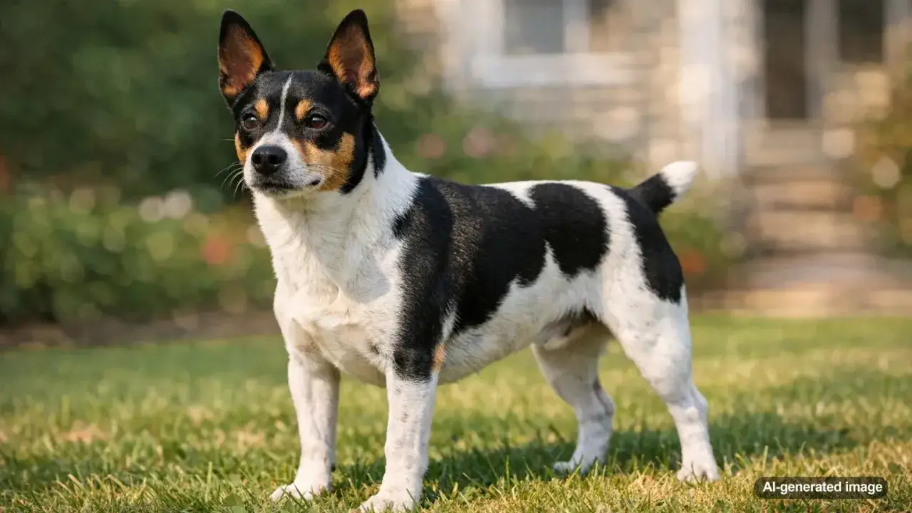 Czarno-biały rat terrier stoi na trawie, z uwagą obserwując otoczenie.