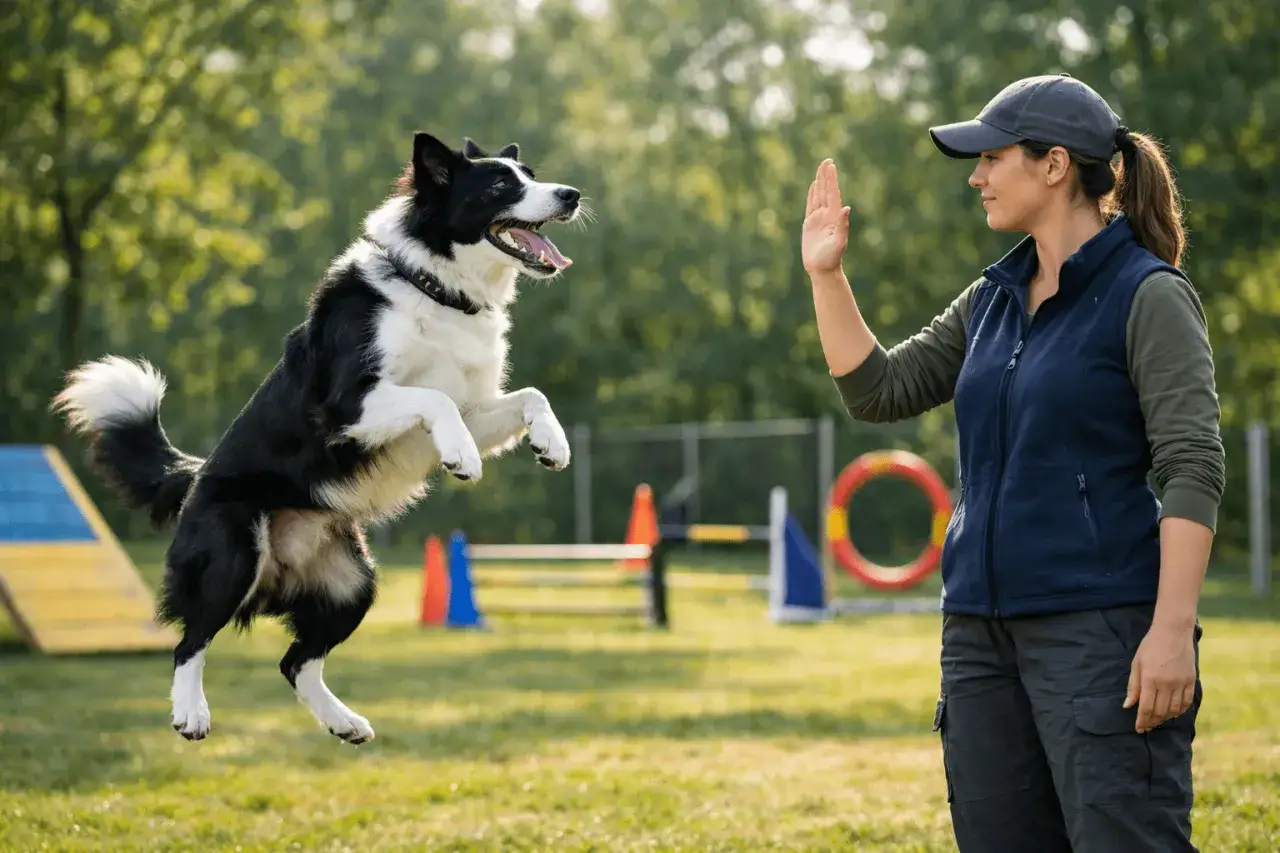 Border collie w skoku do ręki opiekunki. Czy pies może mieć ADHD? Ten energiczny piesek z pewnością nie narzeka na nudę!