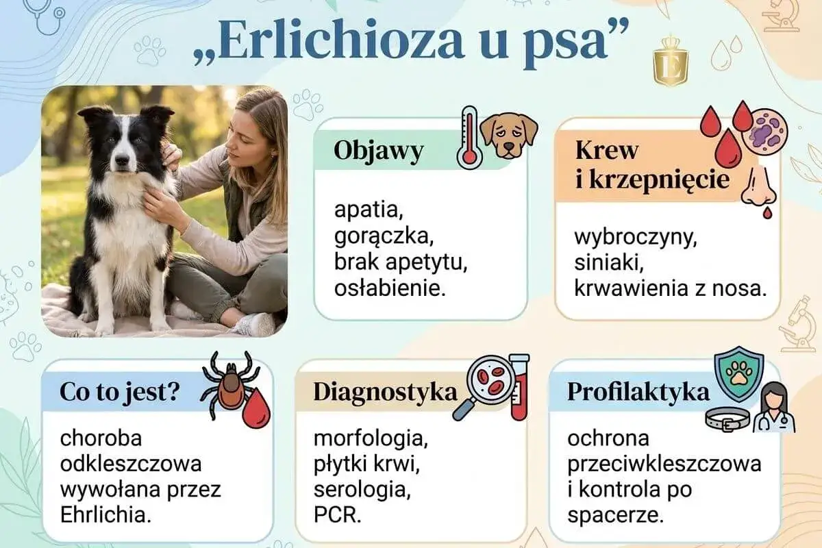 Erlichioza u psa: objawy (apatia, gorączka), krwawienia z nosa, diagnostyka i profilaktyka. Choroba odkleszczowa.