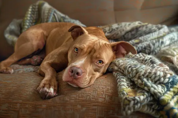 Słodki pitbull odpoczywa na kanapie. Czy pitbull jest groźny? Ten piesek wygląda na bardzo łagodnego i przyjaznego.